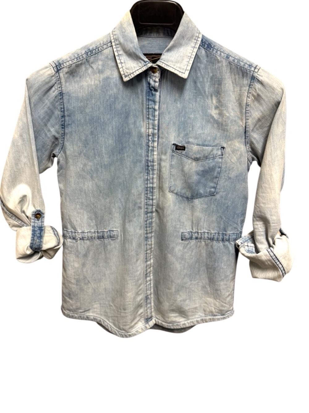OBEY Light Wash Chambray Long Sleeve Roll-Tab Button-Down Shirt Sz XS $88